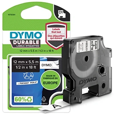 Abbildung von DYMO Original D1 Hochleistungs Etikettenband schwarz auf weiß 12 mm x 5,5 m permanent haftendes Vinyl Schriftband für LabelManager Beschriftungsgerät
