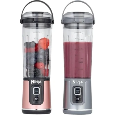 Abbildung von Ninja Blast kabelloser Mini Mixer, 530 ml, 2er Pack, auslaufsicherer Trinkdeckel, wiederaufladbar, Smoothies &amp; Proteinshakes für unterwegs, mixt Eis gefrorenes Obst, Roségold Silber, BC151UKEUGV