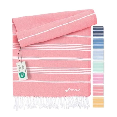 Abbildung von Fit Flip Hamamtuch aus 100% recycelter Baumwolle nachhaltig und natürlich Saunatuch, Strandtuch, Duschtuch, Badetuch, Yogatuch Coral 100x200cm Sultan
