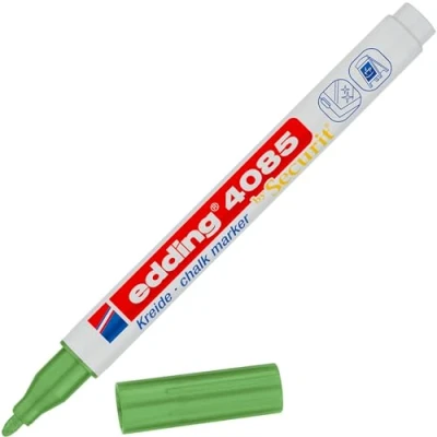 Abbildung von edding 4085 Kreidemarker grün metallic 1 Kreidestift Rundspitze 2 mm dünner für Tafel abwischbar zum Beschriften von Fenster, Glas, Spiegel Tafelstift mit deckenden Farben