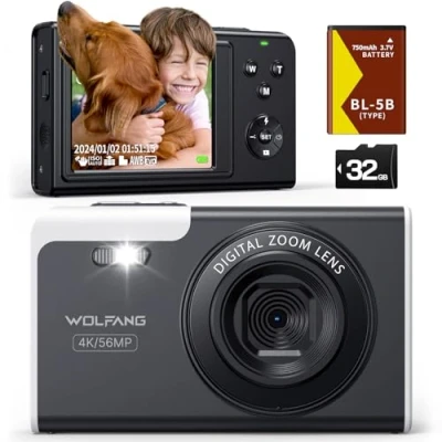 Abbildung von WOLFANG Digitalkamera, 4K Kinderkamera für Fotografie, 56MP kompakte Vlogging Kamera, 16X Digitalzoom Videokamera, Autofokus Punkt und schießen Digitalkameras, Geschenk Studenten Jugendliche