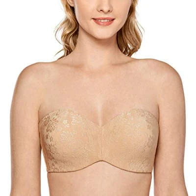 Abbildung von DELIMIRA Damen Jacquard Trägerloser BH Große Größen mit Bügel Bandeau ohne Träger Polster für Dirndl Taupe Tan 95F