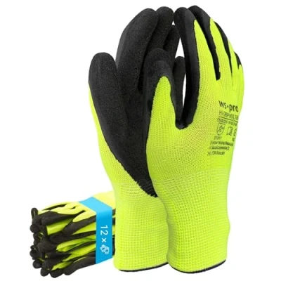 Abbildung von Trevendo 12 Paar Arbeitshandschuhe neongelbe Montagehandschuhe mit Latex Beschichtung (Größe 9)