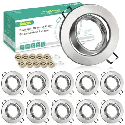 Abbildung von Tailcas 10er Einbaustrahler GU10 Set Rahmen 230V inkl. Fassung, LED Einbauspots 68mm Lochdurchmesser in Edelstahl Gebürstet, 30 Schwenkbar Rund Einbaurahmen für oder Halogen Leuchtmittel