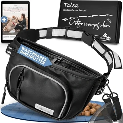 Abbildung von Ostfriesenpfoten® Leckerli Bauchtasche &#039;Talea&#039; für Hunde aus Kunstleder mit Einhandmagnetverschluss Leckerlibeutel inkl. wechselbarem Innenfutter Hundezubehör Schwarz