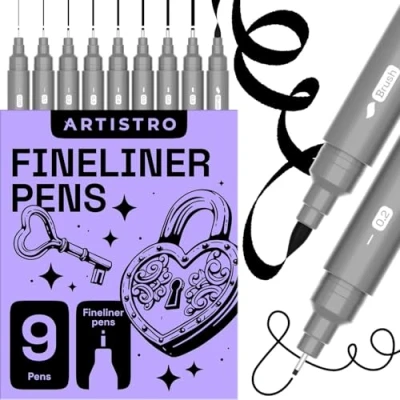 Abbildung von Artistro Fineliner Stifte Set, 9 Stück Schwarz Filzstiften, Tuschezeichner, Stifte, Wasserfest Tuschestifte zum Skizzieren, Illustration, Kalligraphie, Zeichnen, Handlettering