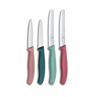 Abbildung von Victorinox Swiss Classic, Tomaten und Gemüsemesser Set, 4teilig, Scharfe Klinge, 8 10 cm, Wellenschliff, Rostfreier Stahl, Grün Rot