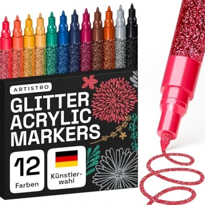Abbildung von Artistro 12 Glitzer Filzstifte Zeichenset, Stifte zum Bemalen von Steinen, Felsmalerei, Keramik, Glas, Holz, Stoff, Scrapbooking, DIY Projekte, Set Acryl mit Extra Feiner Spitze 0,7mm