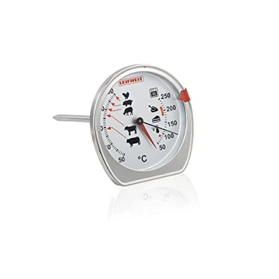 Abbildung von Leifheit Braten und Ofenthermometer, kombinierte Anzeige für Ofentemperatur Kerntemperatur auf einem Blick, Grillthermometer mit Skala ideale Garpunkte, spülmaschinengeeignet, Edelstahl