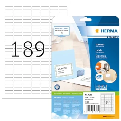 Abbildung von HERMA 4333 Universal Etiketten, 25 Blatt, 25,4 x 10 mm, 189 pro A4 Bogen, 4725 Stück, selbstklebend, bedruckbar, matt, blanko Papier Klebeetiketten Aufkleber, weiß