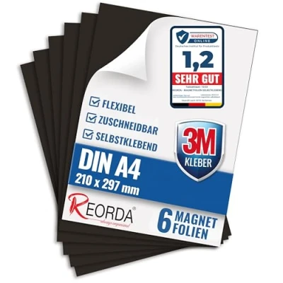 Abbildung von Reorda® Magnetfolie DIN A4 selbstklebend 6er Set Magnetpapier mit starkem 3M Kleber Magnetplatte zuschneidbar für Kühlschrank, Tafeln &amp; Poster Magnetische Folie für&#039;s Basteln