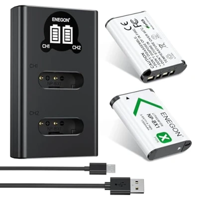 Abbildung von ENEGON Akku NP BX1 (1300mAh 2 Pack) und LCD Ladegerät passend für Sony ZV 1, Cyber Shot DSC RX100, RX100 II/III/M4/M5/M6/M7/Ⅳ/Ⅴ/Ⅵ/Ⅵ/Ⅶ/VA, RX100M II, HDR CX405