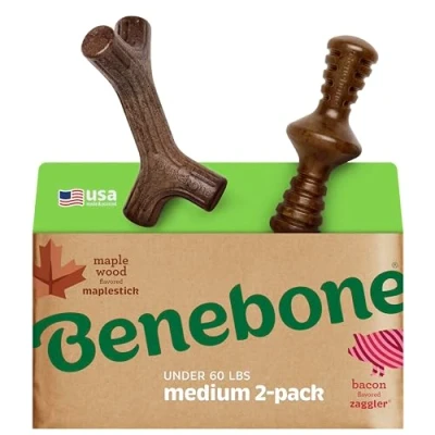 Abbildung von Benebone 2 Pack Indestructible Maplestick/Zaggler For Aggressive Chewers, Long Lasting Tough Boredom Breaker Dogs, Real Bacon and Maple Wood Flavour, Medium Made in the USA.