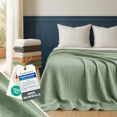 Abbildung von Blumtal Tagesdecke Baumwolle 200x230 cm Musselin Decke Oeko TEX zert. Bettüberwurf Couch Überwurf leichte Kuscheldecke 100% Sofadecke weiche Couchüberwürfe Grün