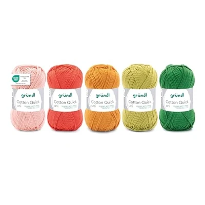 Abbildung von Gründl Wolle Cotton Quick uni Garn zum Stricken und Häkeln aus 100% Baumwolle, 5 Knäuel 50 g / 125 m, Häkelgarn/Strickgarn, Orange Gelb Grün Mix