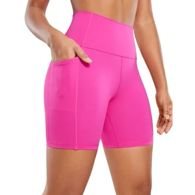 Abbildung von CRZ Yoga Naked Feeling Damen Radlerhose mit Taschen Hohe Taille Shorts Kurze Sporthose Sport Leggings Sportshorts 15cm Hibiskus Purpur 40