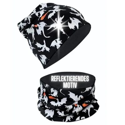 Abbildung von HECKBO 360 Reflektor Kinder Beanie Mütze &amp; Loop Schal Set mit reflektierenden Drachen Dragon 2 8 Jahre 95% Baumwolle Größe 48 54