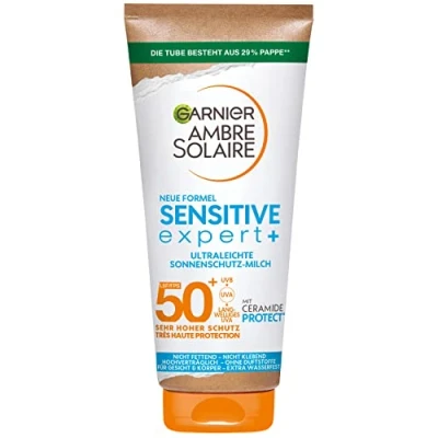 Abbildung von Garnier Sonnenschutzmilch mit LSF 50+, Sehr leichte und rückstandslose Sonnencreme für helle empfindliche Haut, Ambre Solaire Sensitive expert+, 1 x 175 ml