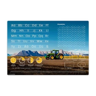 Abbildung von Schreibtischunterlage für Kinder Lernunterlage zur Einschulung in verschiedenen Designs ABC, 1x1, Uhrzeiten 60 x 40 cm aus abwischbarem Vinyl Made Germany (Traktor Optik)
