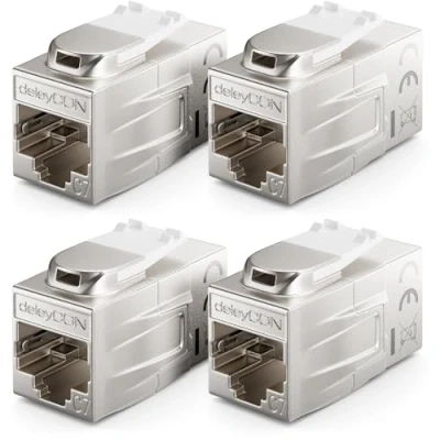Abbildung von deleyCON 4 Stück CAT 7 Kupplung Keystone Metall 2X RJ45 Buchse Verbinder für Patchkabel 600 MHz 10 Gbps LAN DSL Ethernet und Nutzbar als Silber