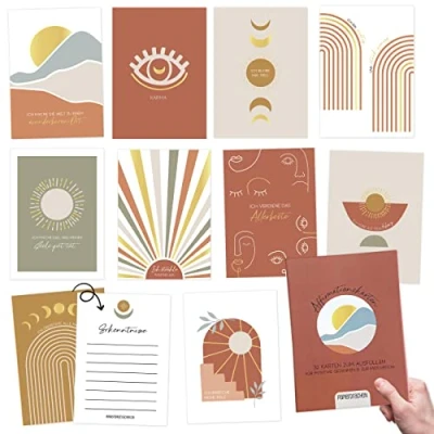 Abbildung von Papierdrachen 32 Affirmationskarten mit positiven Statements Achtsamkeitskarten Geschenkbox Motivationskarten Stress bewältigen Selbstliebekarten Geschenkidee Boho Set 3