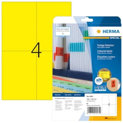 Abbildung von HERMA 4561 Farbige Etiketten gelb ablösbar, 20 Blatt, 105 x 148 mm, 4 pro A4 Bogen, 80 Stück, selbstklebend, bedruckbar, matt, blanko Papier Farbetiketten Aufkleber