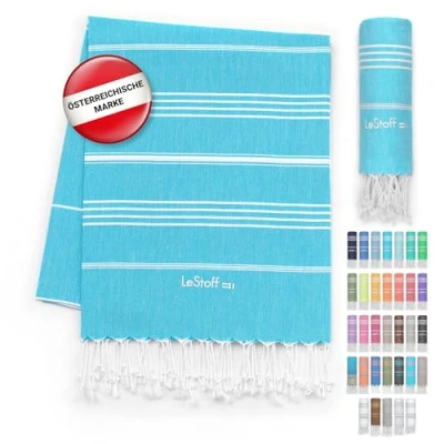 Abbildung von LeStoff Premium Hamamtuch 100% Bio Baumwolle Vorgewaschen, Nachhaltig, Saugstark &amp; Schnelltrocknend Strand, Bade, Dusch, Yoga, Spa Reise Tuch (95 x 180 cm, Aqua)