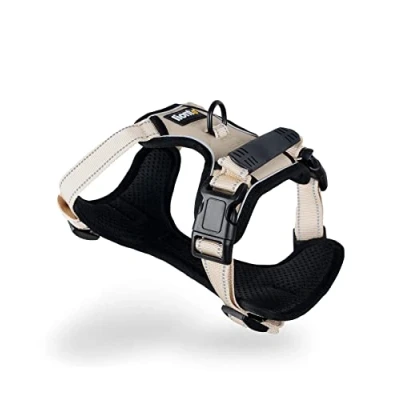 Abbildung von lionto Hundegeschirr gepolstert aus weichem Nylon, Größe L, reflektierendes Anti Zug Geschirr für Hunde mit 2 Ringen &amp; 4 Einstellgurten, Zwei Klickverschlüsse gummierter Griff am Rücken, beige