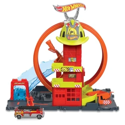 Abbildung von Hot Wheels City Super Looping Feuerwache Spielset mit manuellem Aufzug und wasserähnlicher Rampe Parkplätzen für zusätzliche Autos, Kinder ab 4 Jahren, HKX41