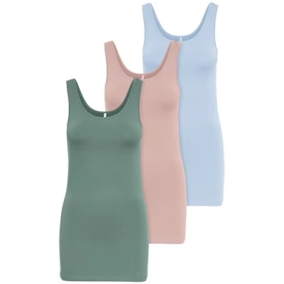 Abbildung von ONLY 3er Pack Damen Oberteile Basic Tank Tops blau, grün und rosa Frauen Shirt lang Sommer Shirts Top 15201465 (L, FarbMix 2)
