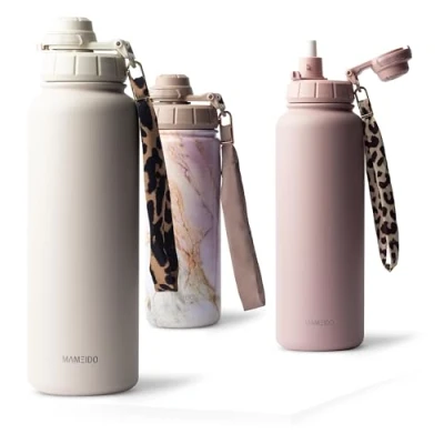 Abbildung von MAMEIDO Thermosflasche 500ml mit Strohhalm, Trinkflasche Kinder Edelstahl isoliert, Wasserflasche auslaufsicher BPA frei (Ivory Beige, 0,5l)