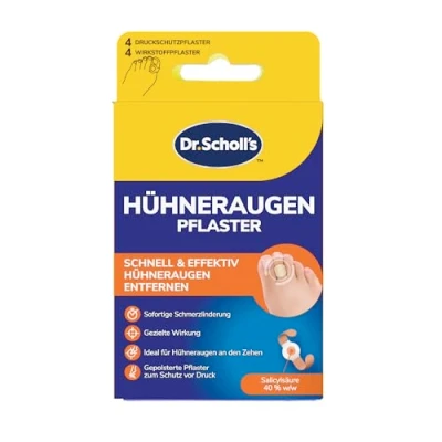 Abbildung von Scholl Hühneraugenpflaster zum Hühneraugen Entfernen enthält 4 und Druckschutzpflaster zur sofortigen Schmerzlinderung dermatologisch getestet wasserfest, 8 stück