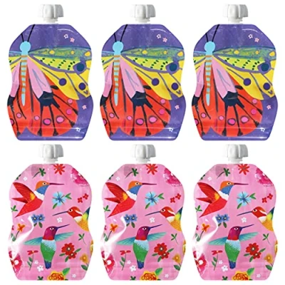 Abbildung von ChooMee SnakPack Wiederverwendbare Babynahrungsbeutel, 227 ml, Doppelreißverschluss, breiter Boden, BPA frei, 6 CT Flutterbug
