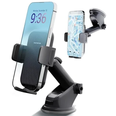 Abbildung von PORTENTUM Handyhalterung Auto, 360 Drehbar Handyhalter fürs Auto mit EIN Knopf Release, Amaturenbrett Glasscheibe KFZ Handy Halterung, Kompatibel jedem Mobiltelefon von 4 bis 7 Zoll
