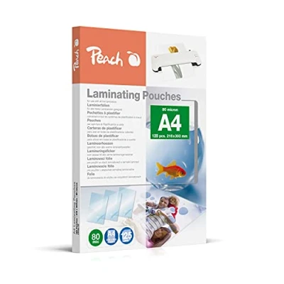 Abbildung von Peach Laminierfolien A4 80 mic 125 pouches glänzend Premiumqualität für beste Laminierergebnisse kompatibel mit Geräten aller Markenhersteller PP580 02P