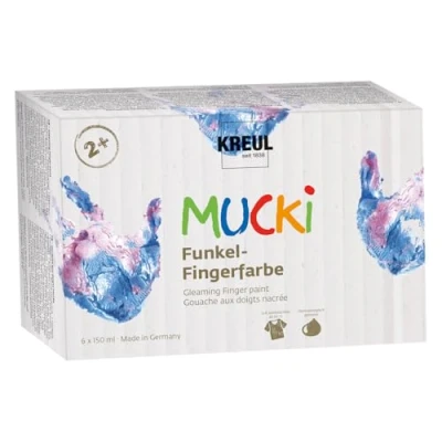 Abbildung von KREUL 2319 MUCKI Funkel Fingerfarbe, 6 x 150 ml, auf Wasserbasis, schimmernde Fingermalfarben für Kinder ab 2 Jahren