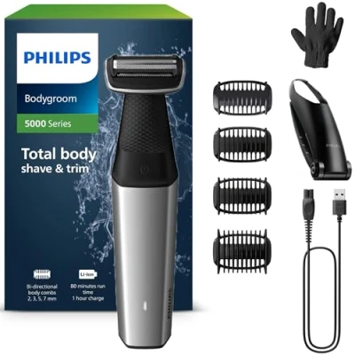 Abbildung von Philips Bodygroom Series 5000, wasserfester Trimmer für Intimbereich und Körper, gründliche angenehme Rasur, Ganzkörperpflege einschließlich Rücken, 60 Min. Laufzeit, Modell BG5021/16