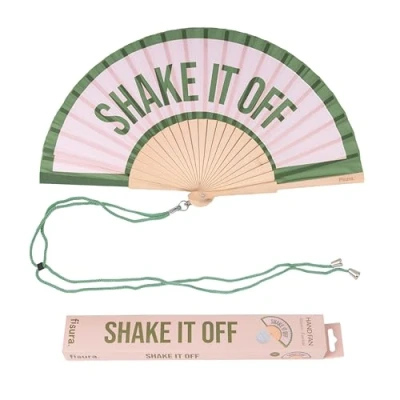 Abbildung von Fisura Handfächer aus Holz mit der Aufschrift &quot;Shake it off“. Farbenfrohes, modernes Accessoire in Rosa und Grün, tragbarer Ventilator praktischem Aufhänger. Maße: 42,5 x 23 cm
