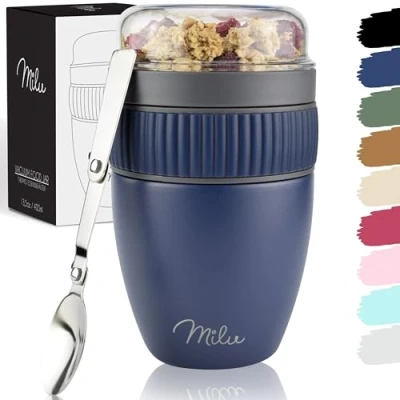 Abbildung von Milu Müslibecher to go 400ml MüsliMax I isolierter Edelstahl Joghurtbecher für Müsli auslaufsicherer Becher mit Löffel Yoghurt/Porridge (Navyblau)