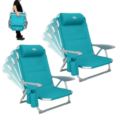 Abbildung von #WEJOY Strandstuhl 2 Set klappbar Hochlehner Klappstuhl 4 Position Leicht tragbar Stark stabil Campingstuhl Lay Flat Chair Max Hold bis 120kg / 265 lbs Cyan