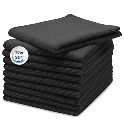 Abbildung von ZOLLNER 10er Set Mikrofasertücher für streifenfreien Glanz flusenfreie und saugstarke Reinigungstücher waschbar bis 60C 40x40cm in schwarz Hotelqualität