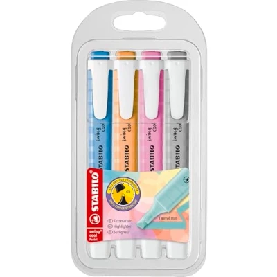 Abbildung von Textmarker STABILO swing cool Pastel 4er Pack seidengrau, frische Fuchsie, himmlisches Blau, sanftes Orange