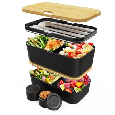 Abbildung von Umami Lunchbox Erwachsene Alles in Einem, Brotdose mit Fächern und 4 Bestecke für Männer/Frauen, 2 Soßentöpfe, Auslaufsicher Bento Box, Spülmaschine, Mikrowelle Brotbox