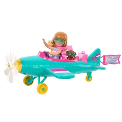 Abbildung von Barbie Chelsea Flugzeug Puppe und Spielset Pilotenpuppe, Flugzeug, Hündchen Zubehör für Geschichtenerzählen, rollende Räder blumenförmiger Propeller, ab 3 Jahren, HTK38