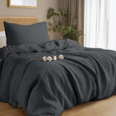 Abbildung von Dreamzie Musselin Bettwäsche 135x200 cm aus 100% Baumwolle Set mit 1 Bettbezug und Kissenbezug 80x80 Oeko Tex Reißverschluss Dunkelgrau