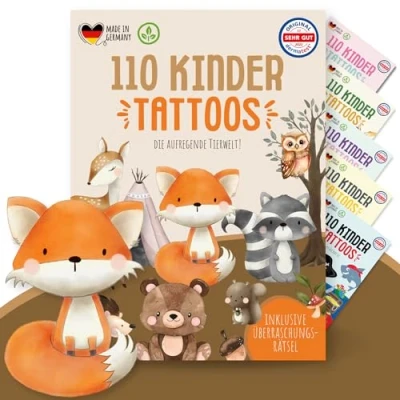Abbildung von MeinBaby123 110 hautfreundliche Kinder Tattoos mit süßen Tieren, Tattoo Kinder, Kindertattoos zum Aufkleben, Geschenk für vegan &amp; made in Germany (1x Dinos) (Süße Tiere)