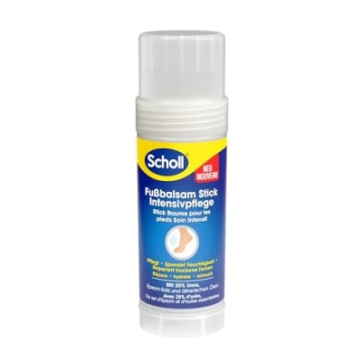 Abbildung von Scholl intensiv pflegender Fußbalsam Stick, zur Reparatur sehr trockener und rissiger Fersen, feuchtigkeitsspendend für gesunde Füße mit 25% Urea, Epsom Salz ätherischen Ölen
