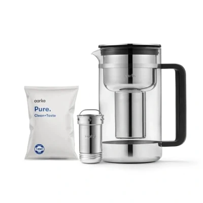 Abbildung von Aarke Luftreiniger Groß, Wasserfilterkaraffe aus Glas und Edelstahl, 2,8 l, + Reinfilter Nachfüllbeutel