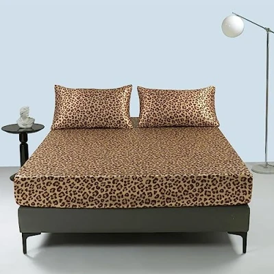 Abbildung von Damier Satin Spannbettlaken 160x200cm Gold Leopardenmuster Seide Glänzend Spannbetttuch Hochwertiges Deluxe Bettlaken, geeignet für Matratzen bis 25cm