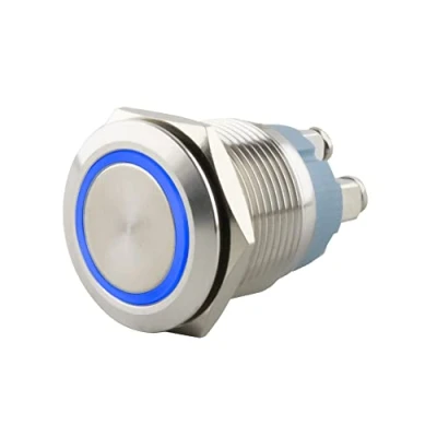 Abbildung von SeKi Edelstahl Drucktaster Ø16mm tastend flacher Kopfform farbig beleuchtetem LED Ring in blau Schraubanschluss; Klingeltaster